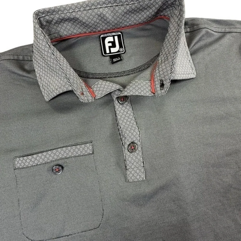FootJoy Gray White Pattern Golf Polo Men's Medium Athletic Fit Short Sleeve‎